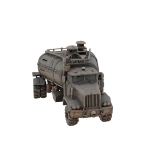 A detailed 3D render of a post-apocalyptic heavy tanker truck, featuring a rusted, weathered appearance with a skull on the b