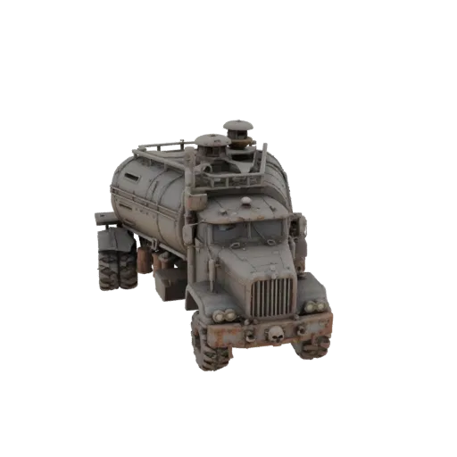 Un rendering 3D dettagliato di un camion cisterna pesante post-apocalittico, con un aspetto arrugginito e invecchiato, un tes
