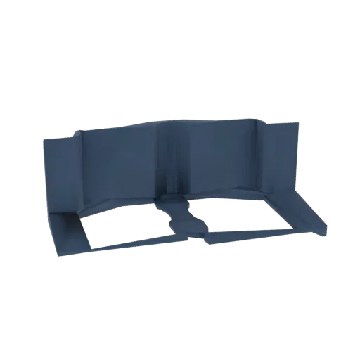 Modèle 3D de structure géométrique abstraite avec plans imbriqués et angles vifs, rendu en finition bleu foncé mat.