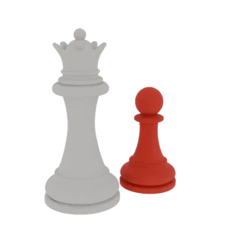 Render 3D de un peón de ajedrez rojo junto a una reina de ajedrez blanca sobre un fondo blanco.