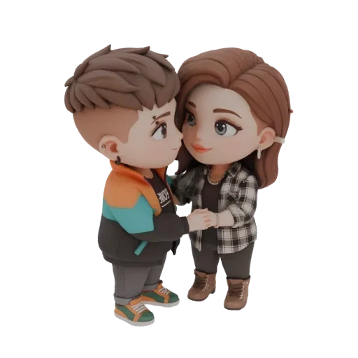 Modellino 3D di una dolce coppia chibi, un personaggio maschile e femminile, che si abbracciano affettuosamente con tratti st