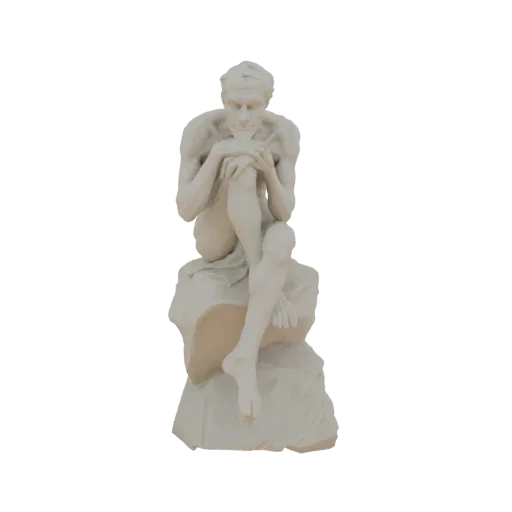 3D model of a white marble statue of a seated philosopher resting on a rock base, with knees drawn up and a contemplative exp