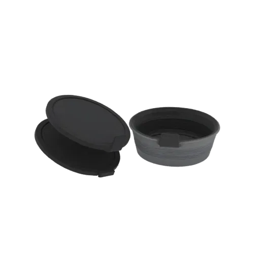 3D-Modell einer faltbaren dunkelgrauen Silikonschüssel mit schwarzem Deckel, separat gezeigt.