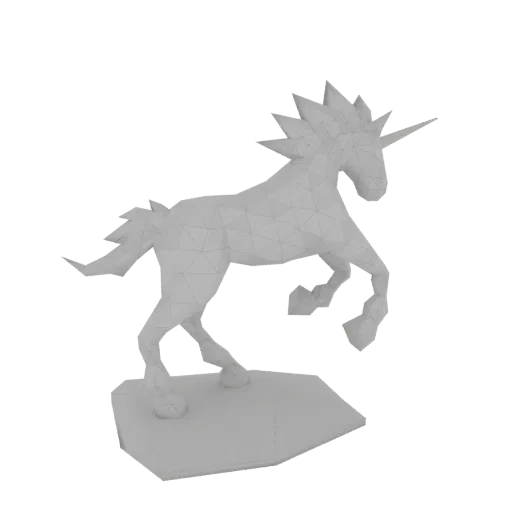 A low-poly 3D model of a unicorn statue in a dynamic pose on a hexagonal base, rendered in grayscale.