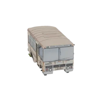 Modelo 3D de un autobús beige desgastado, visto desde el frente-izquierda, mostrando su exterior envejecido y detalles.