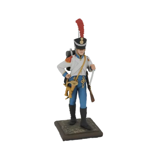 3D model of a French drummer boy in a white and blue uniform, holding a bugle and musket, standing on a textured base.