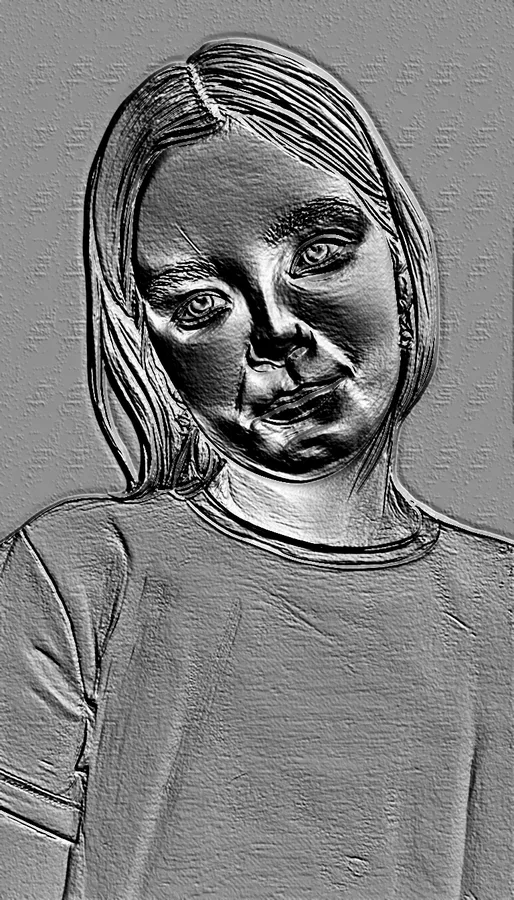 3D model of a bas-relief of a girl with a thoughtful gaze, made in engraving style