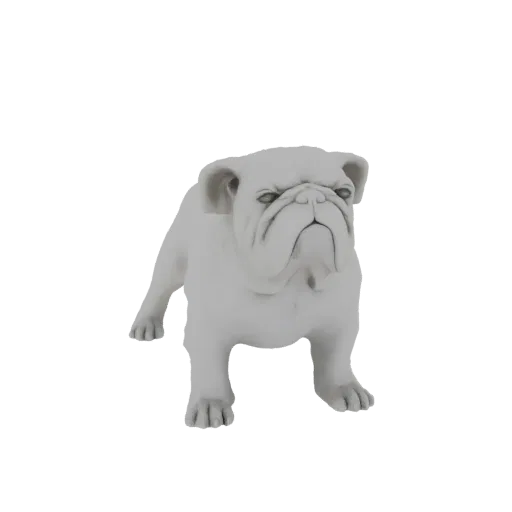 A 3D model render of a grey bulldog statue, standing with a stern expression and detailed wrinkles.