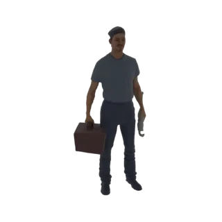 Modelo 3D de um personagem mecânico masculino em pé, segurando uma caixa de ferramentas marrom e uma chave inglesa prateada,