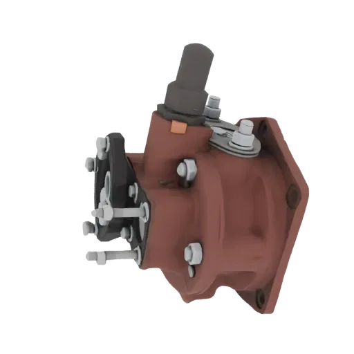 3D model of a vintage mechanical fuel pump with a brown cast iron body and a metal mounting bracket, isolated on a black back