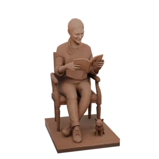 Modelo 3D de uma mulher lendo um livro em uma poltrona, com um pequeno gato sentado na base ao lado dela, renderizado em um m