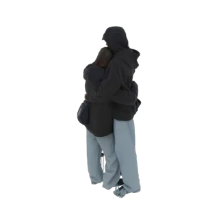 3D model of a couple hugging, both wearing casual hoodies and light blue sweatpants, against a white background.