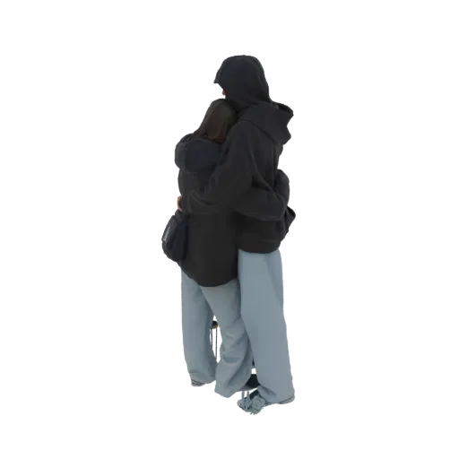 Modelo 3D de una pareja abrazándose, ambos vistiendo sudaderas casuales y pantalones de chándal azul claro, sobre un fondo bl