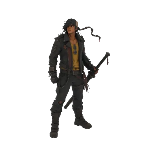 3D model of a punk rocker character with a black leather jacket, yellow t-shirt, ripped jeans, and a katana, posed against a
