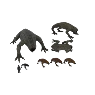A 3D model render of a set of Alien Xenomorph creatures, including a large adult and smaller juveniles, in various menacing p
