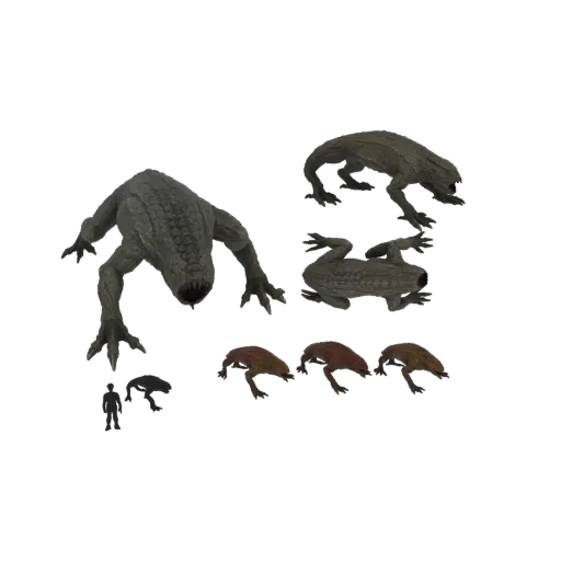 Un rendering di modello 3D di un set di creature Alien Xenomorfo, inclusi un grande adulto e forme giovanili più piccole, in