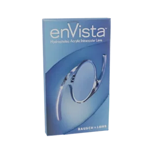 Modelo 3D da caixa de embalagem da Lente Intraocular Acrílica Hidrofóbica enVista, mostrando a marca Bausch + Lomb e o gráfic