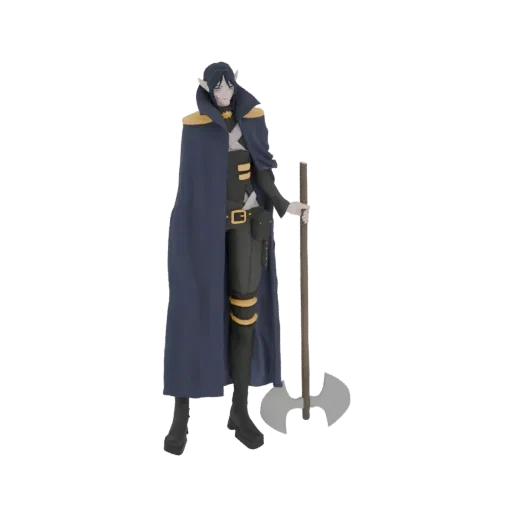 3D model of a Dark Elf warrior with pointed ears, wearing a dark outfit, blue cape, and holding a large axe.