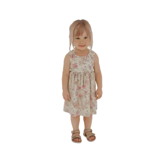 Modello 3D di una bambina con capelli biondi, vestito floreale e sandali, sorridente.