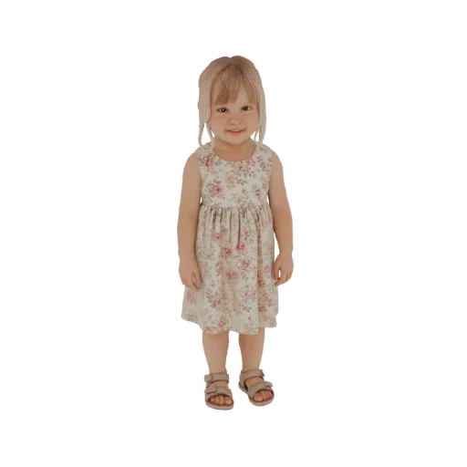 Modèle 3D d'une jeune fille aux cheveux blonds, portant une robe à fleurs et des sandales, souriant.