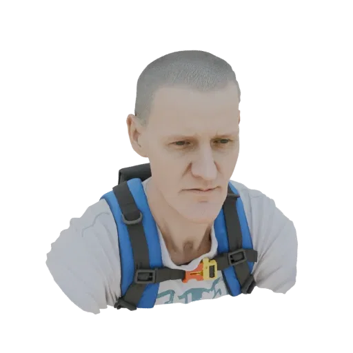 3D-Modell-Render eines Mannes mit kurzen grauen Haaren, weißem T-Shirt und blau-schwarzem Rucksack.