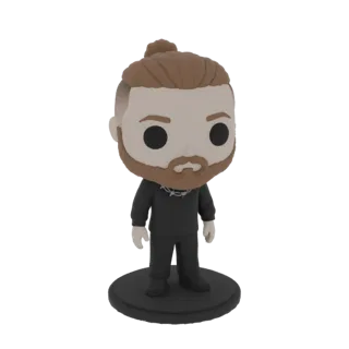 3D model of a chibi character with a man bun, beard, and barbed wire necklace, standing on a black circular base.