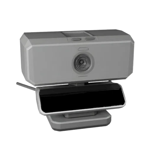 Ergonomische Webcam Low-Poly 3D-Modell, Spiel-Viewport-Dreiviertelansicht, zeigt Kunststoffschalen, Desktop-Größe.
