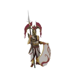 3D model of a fantasy elf guard in golden and red armor, holding a spear and a decorative shield, against a white background.