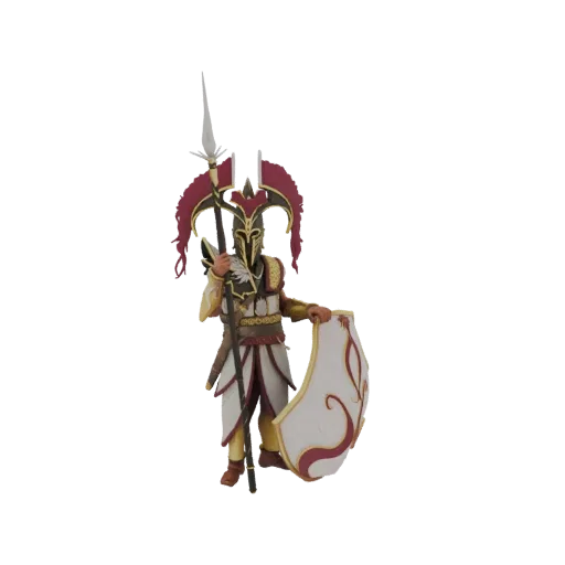 3D-Modell einer Fantasy-Elfengarde in gold-roter Rüstung, mit Speer und dekorativem Schild, vor weißem Hintergrund.