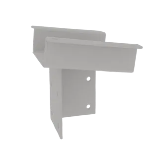 A 3D render of a white metal L-bracket with two sets of mounting holes, presented against a white background.