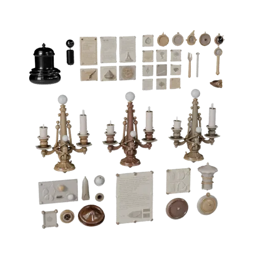 Fantasy Candle Cluster Modular 3D model, isometric modular kit view, showing paper-like cards, small readable forms.