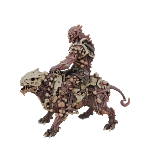 3D-Modell eines Dämonenreiters auf einer Eiterbestie, mit Knochenplatten und Eiterbeuteln, im Dark-Fantasy-Stil.