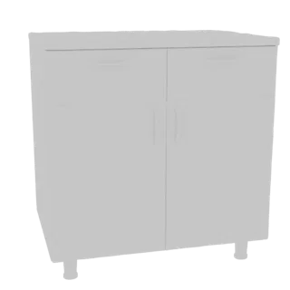 A 3D model of a modern, light gray cabinet with two doors and two drawer fronts, standing on four short legs.