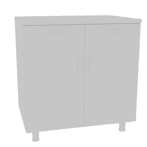 A 3D model of a modern, light gray cabinet with two doors and two drawer fronts, standing on four short legs.