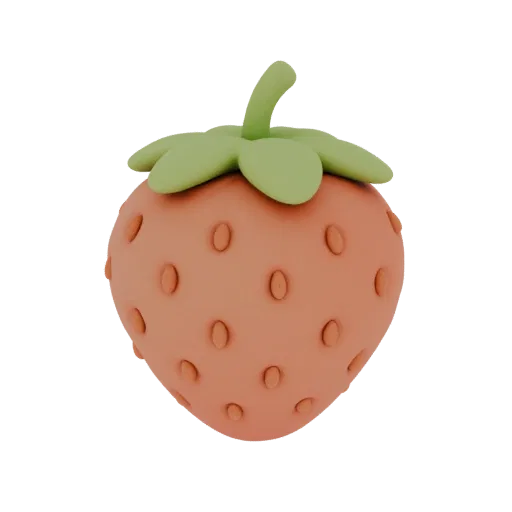 Modèle 3D de figurine de fraise stylisée avec feuilles vertes et graines oranges sur fond blanc