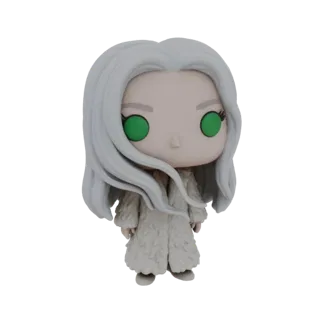 Modello 3D di una figura Funko Pop con capelli bianchi, occhi verdi e cappotto di pelliccia bianco, presentato su uno sfondo