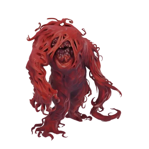 A 3D render of a grotesque, amorphous crimson creature with multiple mouths, sharp teeth, and numerous writhing tendrils.