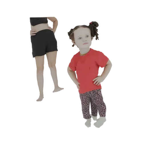 3D model of a young girl with pigtails, wearing a red shirt and leopard-print pants, with hands on hips.