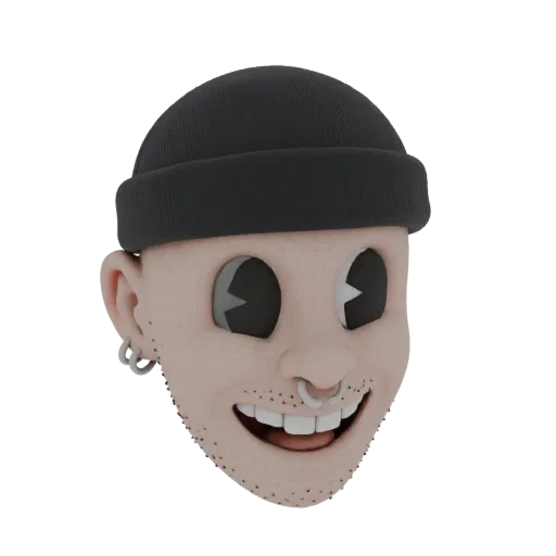 3D model render of a cartoon character head wearing a black beanie, with large eyes and piercings.