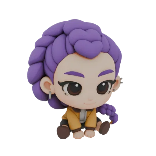 3D model of a cute chibi girl with large purple braids, wearing a mustard jacket, sitting down.