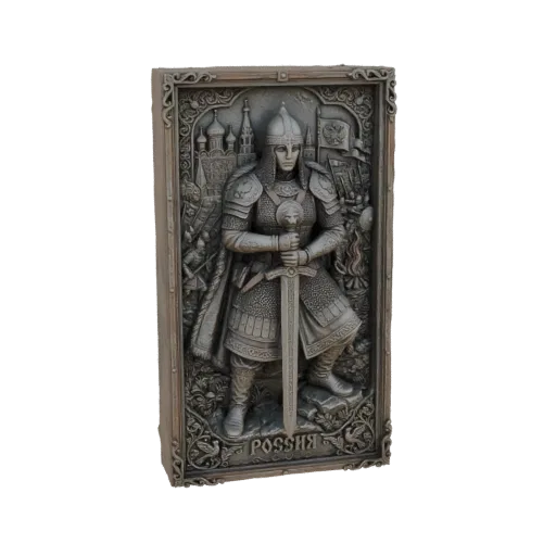 3D model of a Russian warrior in relief sculpture style, wearing ornate armor and holding a sword, with Russian text at the b