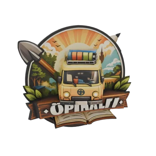 3D model of a yellow retro camper van with a shovel and an open book, set against a stylized landscape with a sunburst.