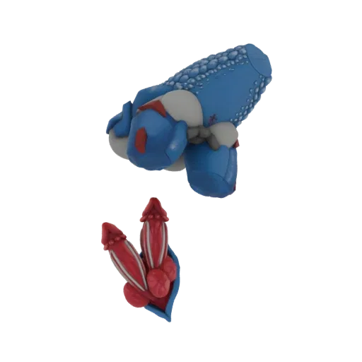 Rendu 3D d'une sculpture abstraite aux formes organiques bleues et rouges, inspirée de l'anatomie.