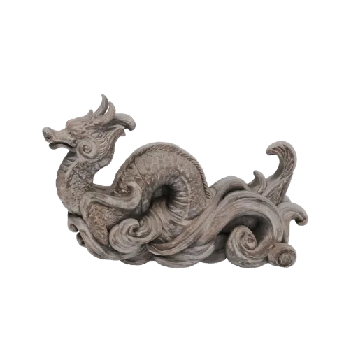 3D model render of a stone dragon sculpture with swirling water elements, appearing as a garden water feature.