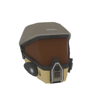 Modèle 3D d'un casque tactique sci-fi futuriste avec visière marron, accents jaunes et gris, et évents latéraux.