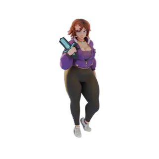 3D model of a stylized female character with reddish-brown hair, wearing a purple jacket and dark leggings, holding a blue ch