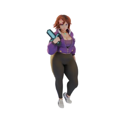 3D model of a stylized female character with reddish-brown hair, wearing a purple jacket and dark leggings, holding a blue ch