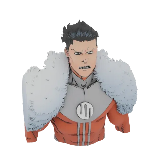 3D model bust of Omni-Man from Invincible, with a stern expression, wearing his orange and grey uniform with a white fur coll