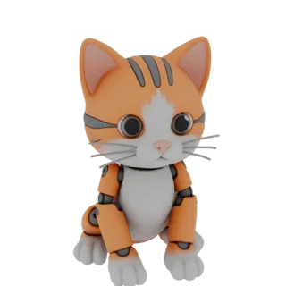 Uma renderização 3D de um gato robô laranja tigrado, fofo e estilizado, sentado, com juntas mecânicas visíveis e olhos grande