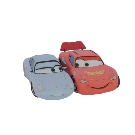 Modèle 3D de Flash McQueen et Sally Carrera du film Cars, posés ensemble avec des expressions amicales.